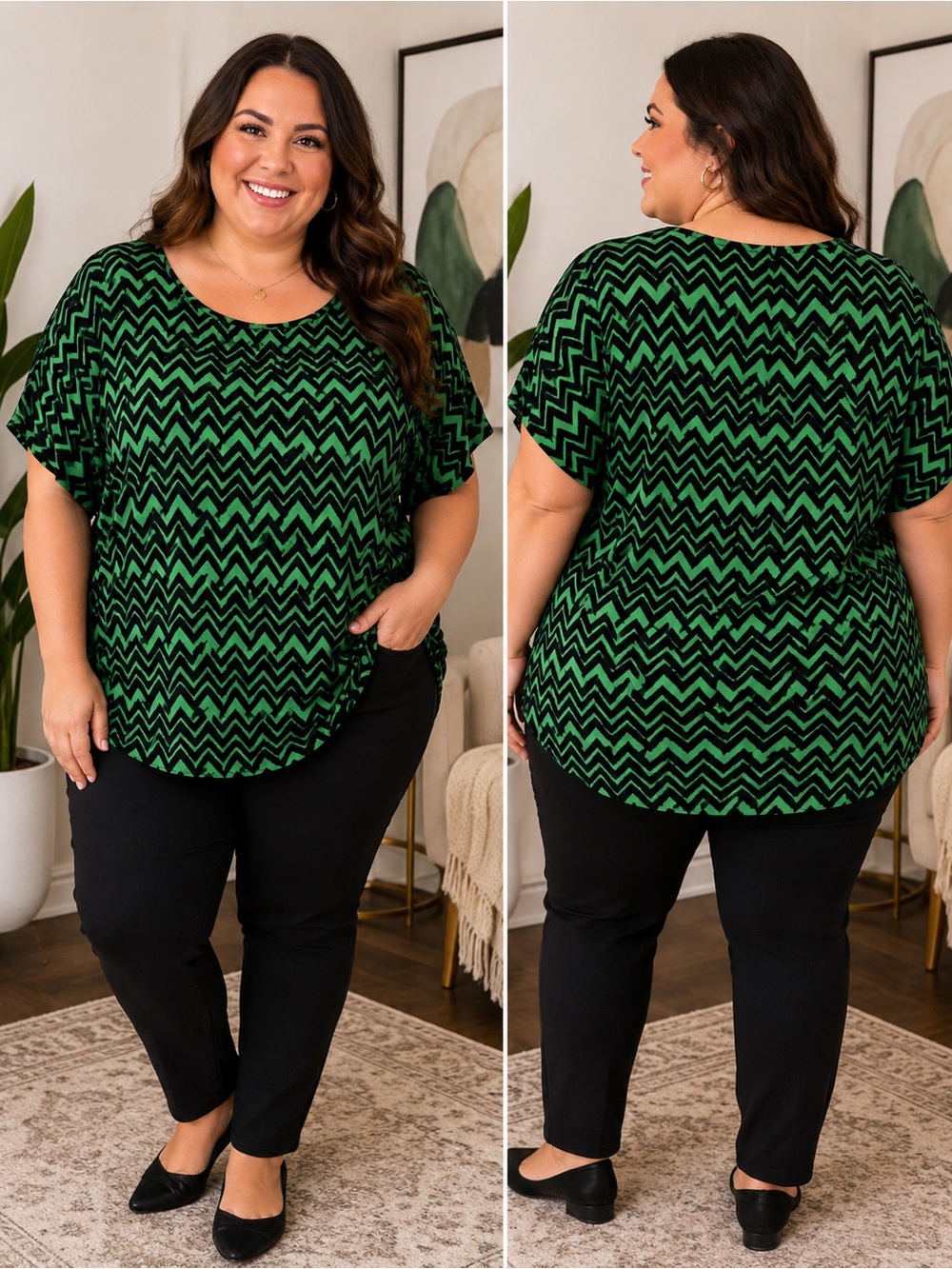 Massini Black and Green Chevron Blouse
